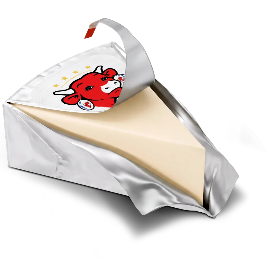 A wedge of The Laughing Cow cheese, part unwrapped